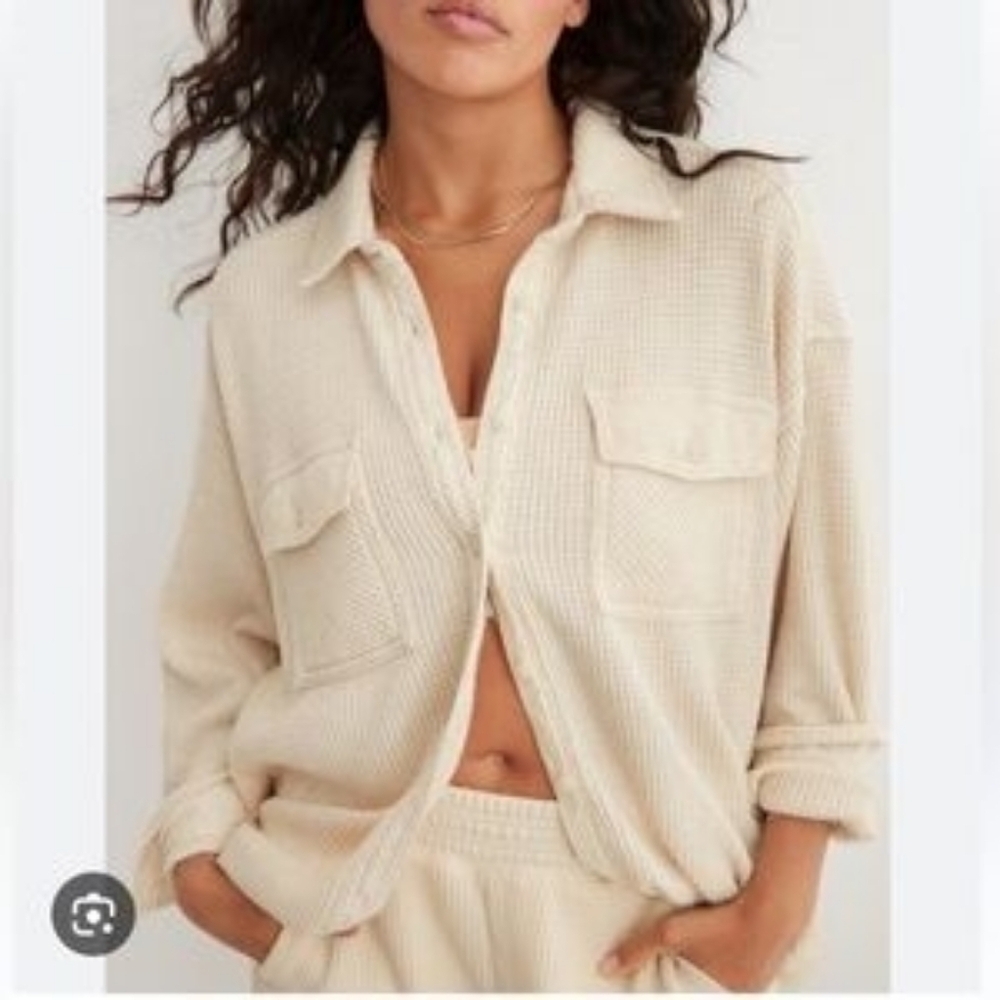 Arerie Lumber Jane Waffle Button Down Oversized Shacket S